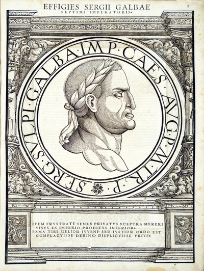 Galba, ilustración de Imperatorum romanorum omnium orientalium et occidentalium verissimae imagines ex antiquis numismatis, 1559 de Hans Rudolf Manuel Deutsch